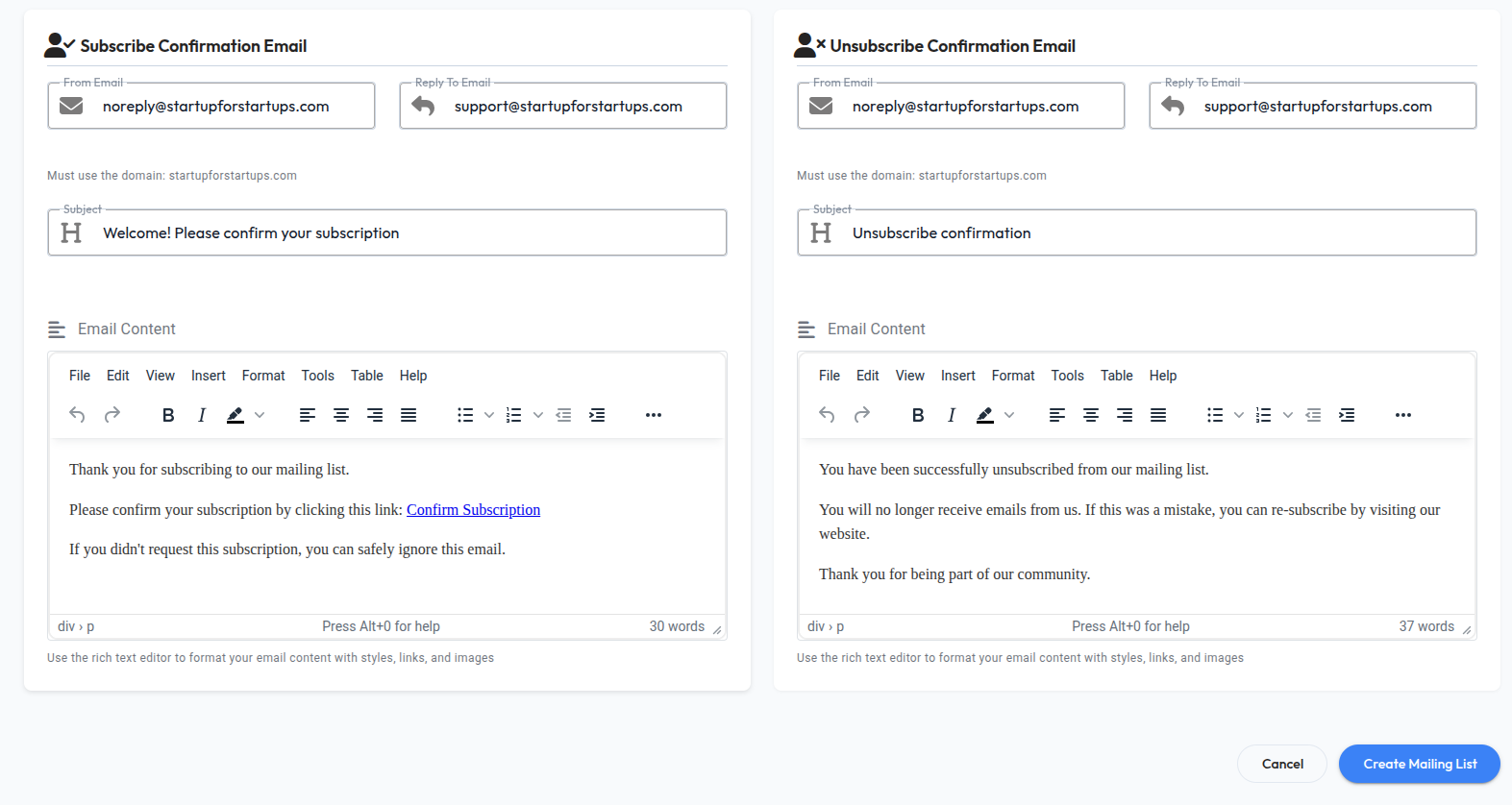 Email composition interface with rich text editor and template customization